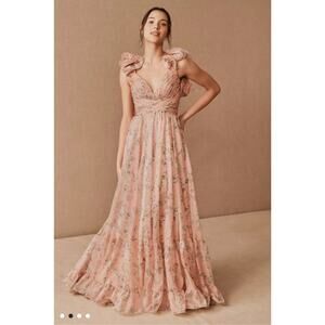 Mac Duggal Ruffle Tiered Floral Cut-Out Chiffon Gown Pink Multi Size 6 NWT